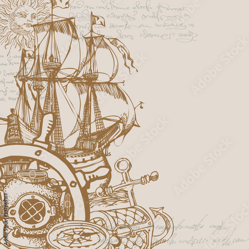 vector image of an old postcard with nautical elements and items and logbook entries in a vintage manuscript style