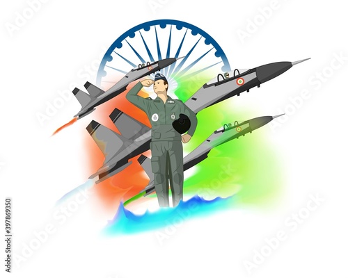 Vector Happy Republic day banner, 26 january, national holiday of India, soldier saluting with airforce craft in background, template for website and social media.