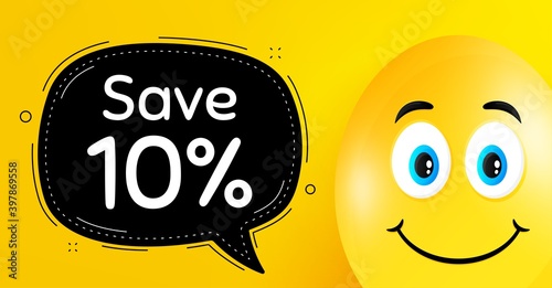 Save 10 percent off. Easter egg with smile face. Sale Discount offer price sign. Special offer symbol. Easter smile character. Discount black speech bubble. Yellow egg background. Vector
