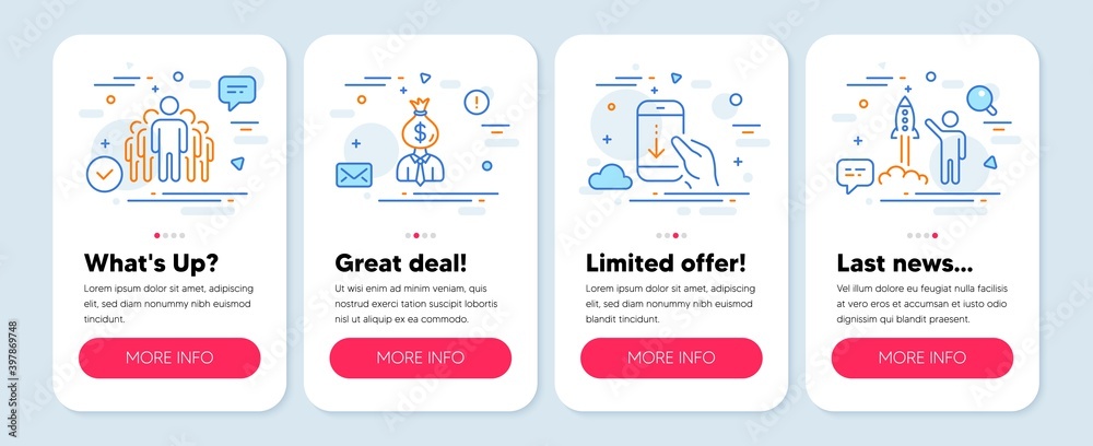 Set of People icons, such as Scroll down, Group, Manager symbols. Mobile screen app banners. Launch project line icons. Swipe phone, Managers, Work profit. Business innovation. Vector