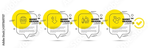 Energy drops, Medical vaccination and Online shopping line icons set. Timeline infograph speech bubble. Capsule pill sign. Power usage, Syringe vaccine, Internet buying. Medicine drugs. Vector