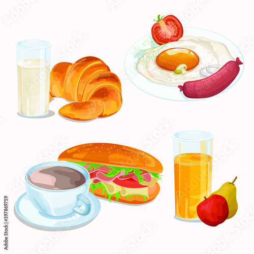 Brekfast time realistic. Fresh morning breakfast light meal, natural healthy food. Breakfast realistic set with cup of coffee and meal. Vector illustration