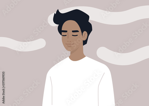 Head in the clouds, a portrait of a young male character daydreaming, mindfulness, meditation, and mental health balance