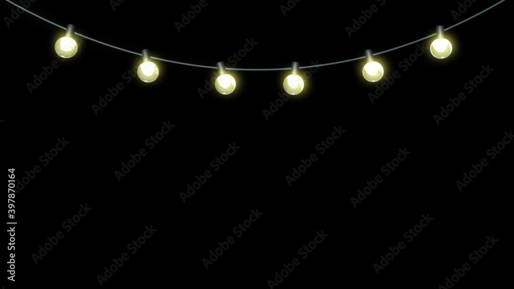 Festival string lights, hanging down bulbs, gentle light flicker, 3D animation, on transparent background in 4K version only and with alpha matte for HD version.