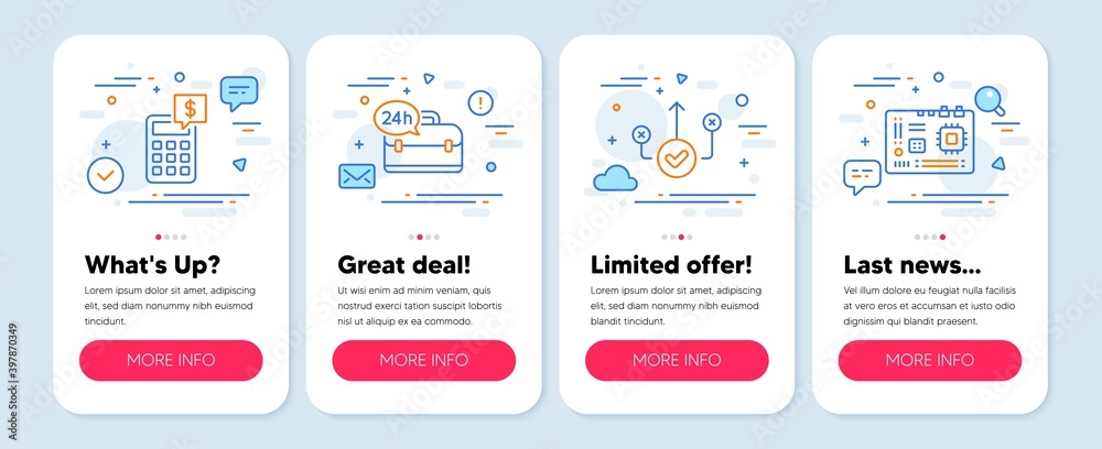 Set of Technology icons, such as Correct way, 24h service, Calculator symbols. Mobile app mockup banners. Motherboard line icons. Good choice, Support, Money management. Computer component. Vector