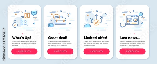 Set of Technology icons, such as Correct way, 24h service, Calculator symbols. Mobile app mockup banners. Motherboard line icons. Good choice, Support, Money management. Computer component. Vector