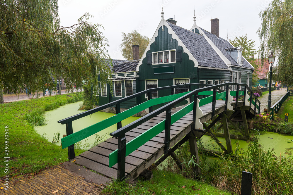 Traditional Dutch house in Zaanse Schans. Small village in Amsterdam, Netherlands.