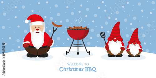 cute santa claus and dwarf at christmas bbq vector illustration EPS10
