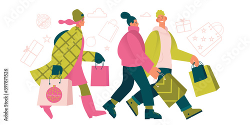 Group of stylish people going to by gifts on New Year or Christmas. Christmas sales creative concept. Holidays discounts or sales.
