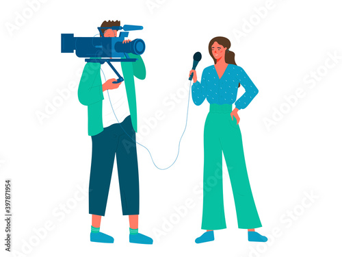 Videographer with TV presenter conducts direct reporting from the place of events. Creative illustration isolated for design templates.