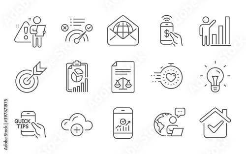 Smartphone statistics, Cloud computing and Web mail line icons set. Target, Education and Legal documents signs. Timer, Idea and Graph chart symbols. Correct answer, Report and Phone payment. Vector