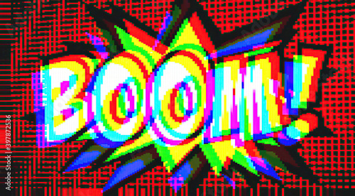 Intentional datamosh deformation: a comic strip cartoon with the word Boom, over a halftone background with a star shape. 