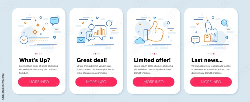 Set of line icons, such as Seo statistics, Clean skin, Like symbols. Mobile app mockup banners. Tea bag line icons. Analytics chart, Face cream, Thumbs up. Brew hot drink. Seo statistics icons. Vector
