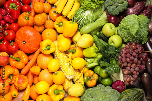 Fototapeta Naklejka Na Ścianę i Meble -  Assortment of organic fresh fruits and vegetables as background, closeup