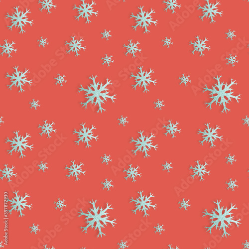 Seamless pattern with glittery snowflakes on red background, 3d rendering