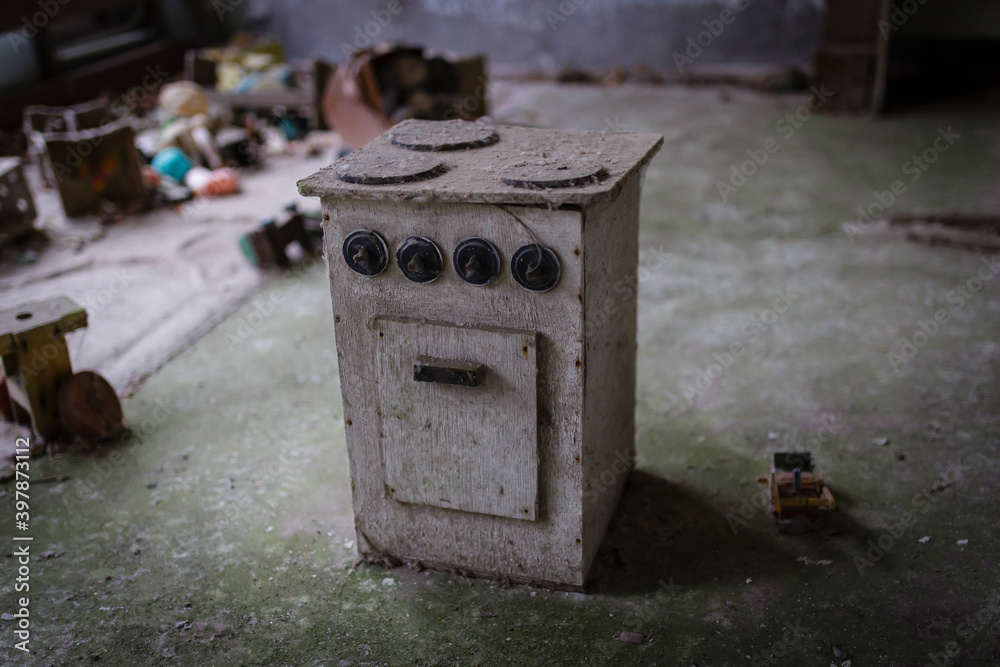 Children's toy kitchen stove in the kindergarten of the abandoned city of pripyat
