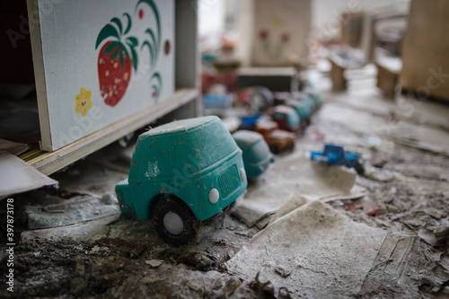 An abandoned children's toys in a kindergarten in the abandoned city of pripyat