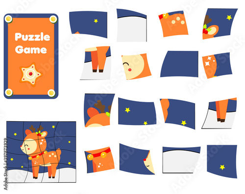 Jigsaw puzzle for toddlers. Complete picture of Christmas deer. New year theme educational game for children and kids