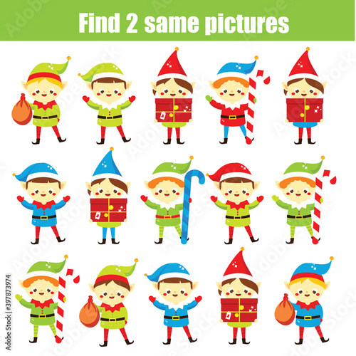 children educational game. Find the same pictures. Find two identical Santa elf. Christmas fun for kids and toddlers