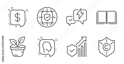 Head, Copyright protection and Security statistics line icons set. Lightning bolt, Global insurance and Payment message signs. Leaves, Book symbols. Quality line icons. Head badge. Vector