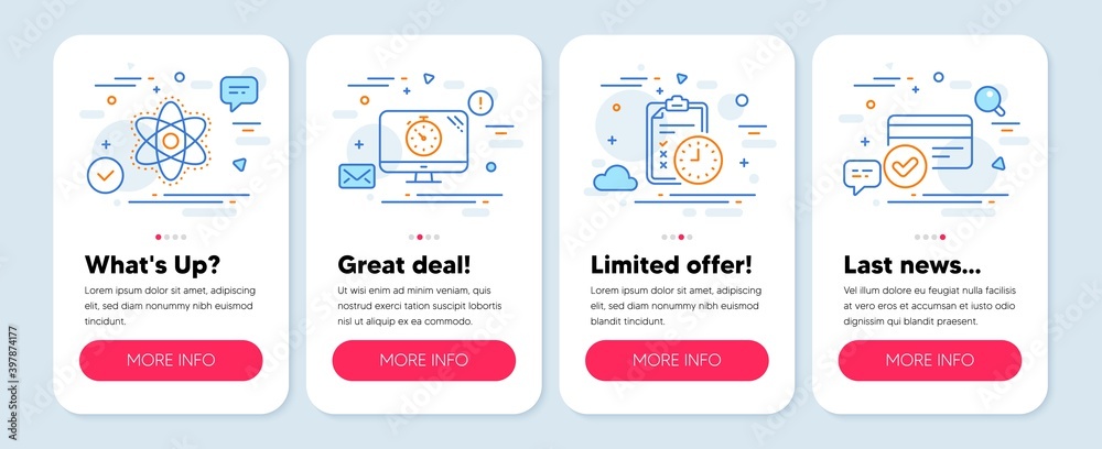 Set of Business icons, such as Chemistry atom, Seo timer, Exam time symbols. Mobile app mockup banners. Payment methods line icons. Laboratory molecule, Analytics, Checklist. Vector