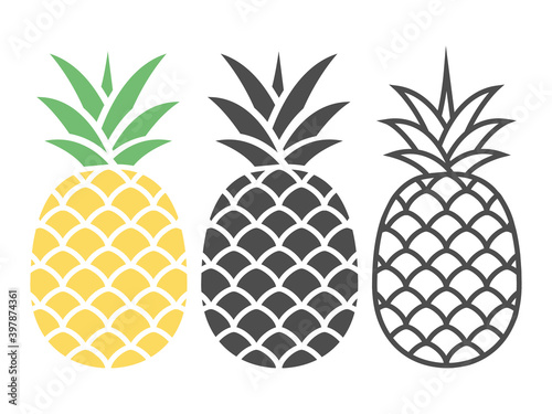 Pineapple icon set. Healthy fruit food collection isolated on white. Vector tropical illustration.