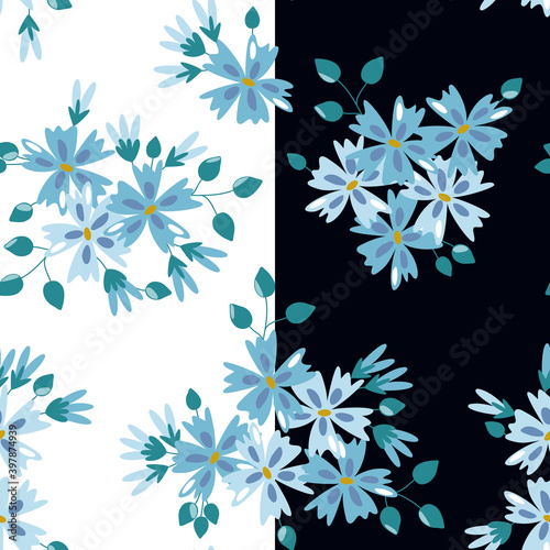 Pattern set with blue flowers, Light and dark background pattern set, Pattern set, Spring flower pattern, black and white background with flowers