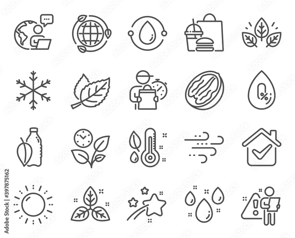 Fototapeta premium Nature icons set. Included icon as Leaves, No alcohol, Eco energy signs. Snowflake, Organic tested, Sun energy symbols. Pecan nut, Cold-pressed oil, Thermometer. Rainy weather, Fair trade. Vector