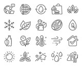 Nature icons set. Included icon as Leaves, No alcohol, Eco energy signs. Snowflake, Organic tested, Sun energy symbols. Pecan nut, Cold-pressed oil, Thermometer. Rainy weather, Fair trade. Vector