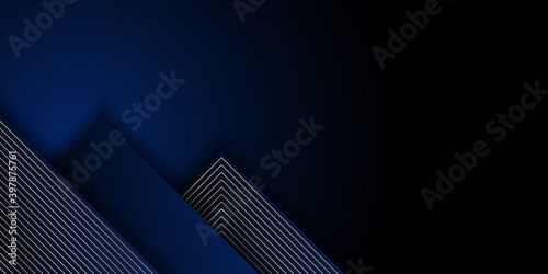 Abstract elegant blue geometric overlap layers with stripe golden line and lighting on black background.