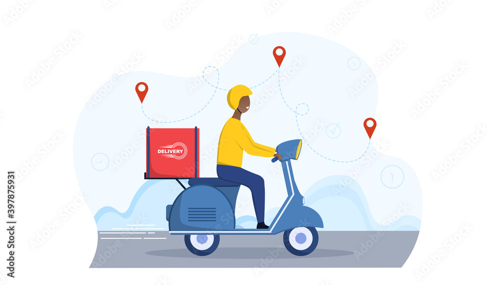 Delivery man driving scooter big bag. Concept of online delivery service with online order tracking. Flat cartoon vector illustration