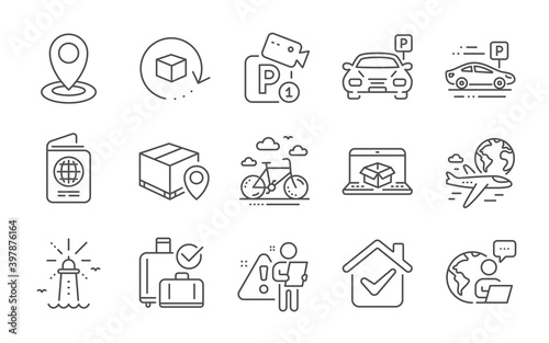 Passport, Car parking and Lighthouse line icons set. Parcel tracking, Parking security and Bike rental signs. Online delivery, Baggage reclaim and International flight symbols. Line icons set. Vector