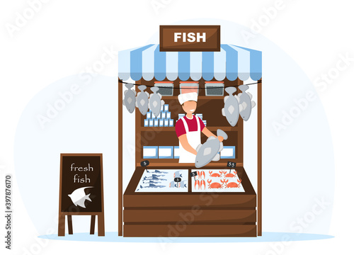 Food market worker in fish tent. Concept of selling fresh healthy food from farm on the market. Flat cartoon vector illustration