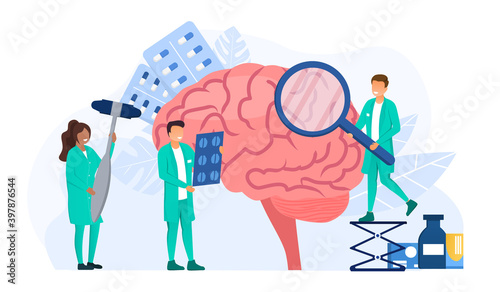 Doctors neurologists examining patients brain. Abstract medical treatment and medical care concept. Diverse multiracial doctors examining brain with magnifier. Flat cartoon vector illustration