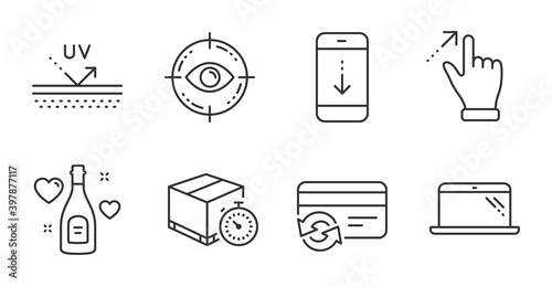 Scroll down, Delivery timer and Eye target line icons set. Change card, Uv protection and Touchscreen gesture signs. Laptop, Love champagne symbols. Swipe phone, Express logistics, Optometry. Vector