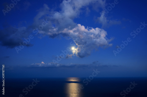 a full moon in the night sky with clouds illuminates the sea.