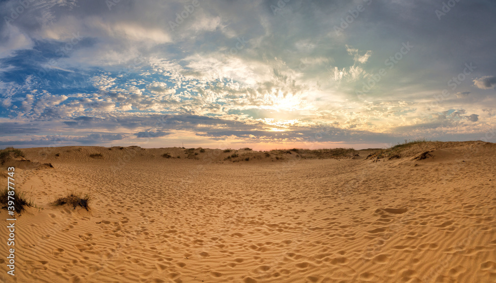 Beautiful desert landscape with dunes. Walk on a sunny day on the sands.