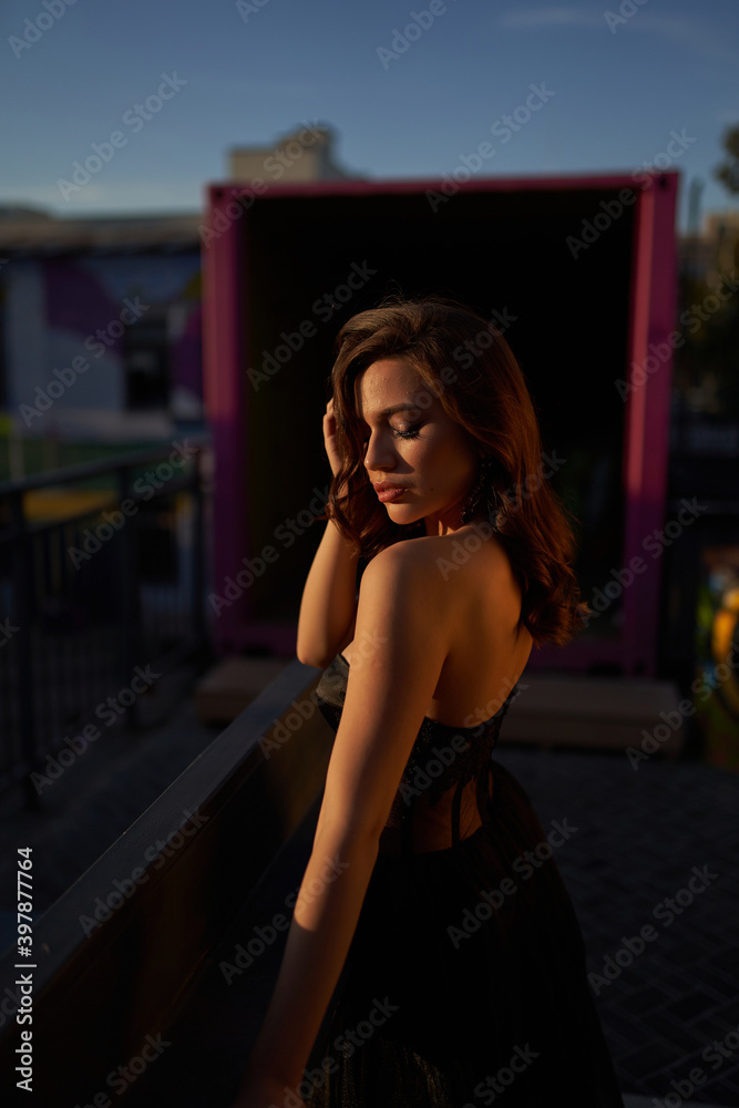 Full-length portrait of an elegant brunette woman with long hair in a black long evening dress. Full-length portrait of an elegant brunette woman with long hair in a black long evening dress.