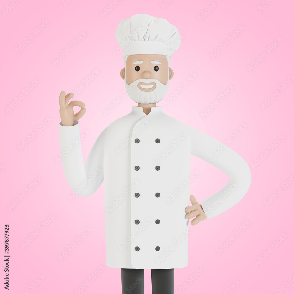 The chef makes the gesture of the perfect dish. 3D illustration in cartoon style.