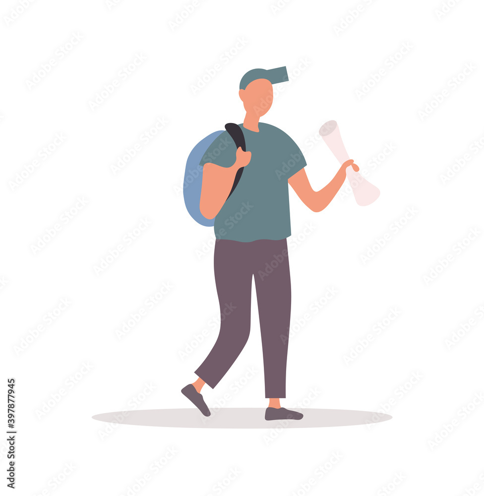 Caucasian man traveler in blue t-shirt with backpack holding map. Male character in a cap going on a trip. Flat cartoon vector illustration isolated on white background Caucasian man traveler in blue t-shirt with backpack holding map. Male character in a cap going on a trip. Flat cartoon vector illustration isolated on white background