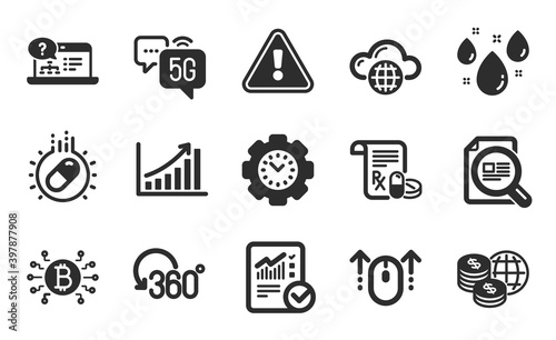 Bitcoin system, World money and Full rotation icons simple set. Capsule pill, Swipe up and Online help signs. Graph chart, Time management and Check article symbols. Flat icons set. Vector