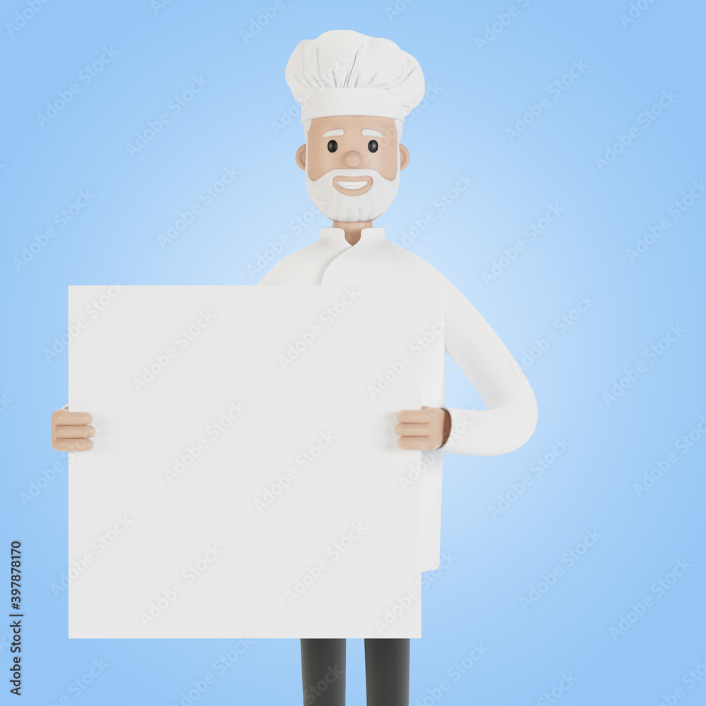 Chef with a banner in his hands. 3D illustration in cartoon style. Chef with a banner in his hands. 3D illustration in cartoon style.