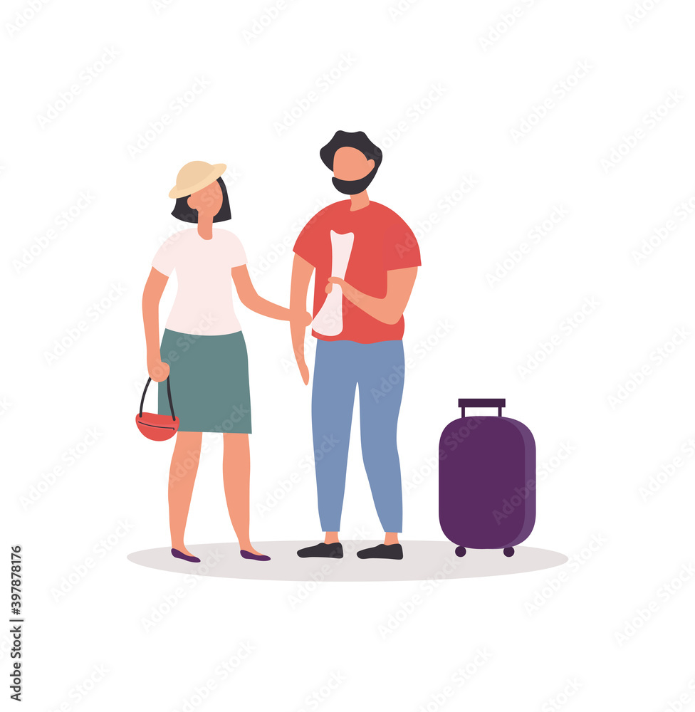 Caucasian tourists couple with luggage holding map. Concept of travelling and exploring worl with loved ones. Flat carton vector illustration isolated on white background