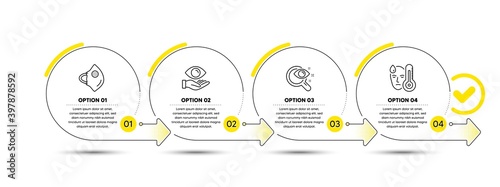 Health eye, Medical mask and Vision test line icons set. Timeline process infograph. Fever sign. Optometry, Surgical mask, Eyesight check. High temperature. Healthcare set. Vector
