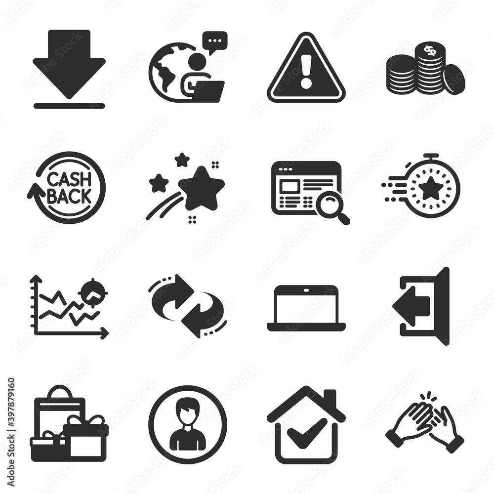 Set of Business icons, such as Timer, Website search, Clapping hands symbols. Cashback, Sign out, Banking money signs. Shopping, Refresh, Person. Downloading, Seo analysis, Laptop. Vector Set of Business icons, such as Timer, Website search, Clapping hands symbols. Cashback, Sign out, Banking money signs. Shopping, Refresh, Person. Downloading, Seo analysis, Laptop. Vector