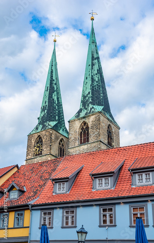 Towers of old gothic church in Quedlinburg, Hermany