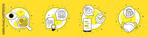 Vision board, 24 hours and Coronavirus statistics line icons set. Licence, cell phone and deal vector icons. Coronavirus report sign. Eye check, Repeat, Confirmed cases chart. Treatment. Vector