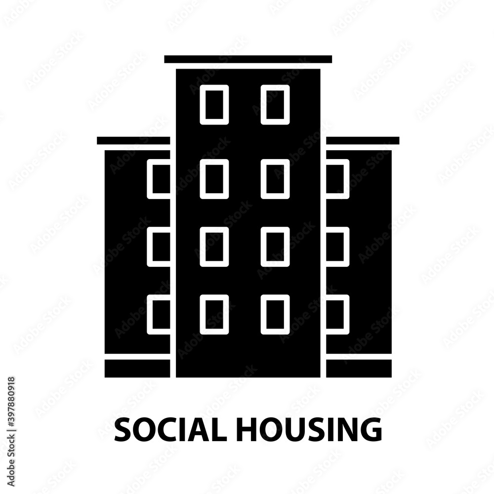 social housing icon, black vector sign with editable strokes, concept illustration social housing icon, black vector sign with editable strokes, concept illustration
