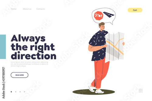 Always right direction concept of landing page with man holding map and choosing way