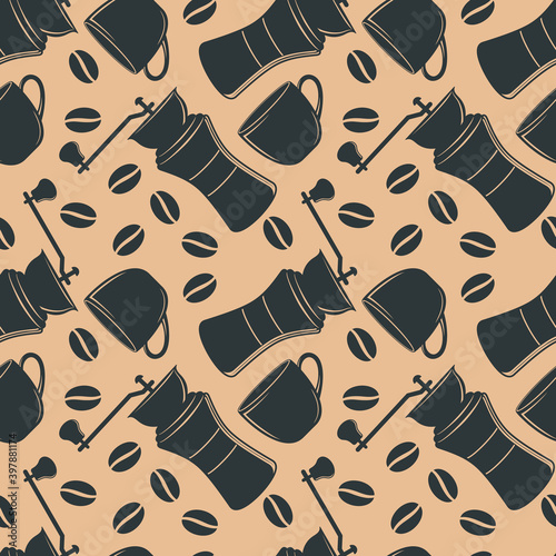 Coffee cup and coffee mill seamless pattern. Vector illustration
